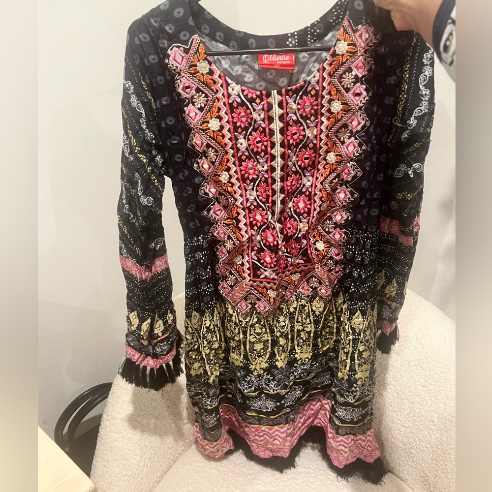 Mirrored fringe black multicolored kurti
